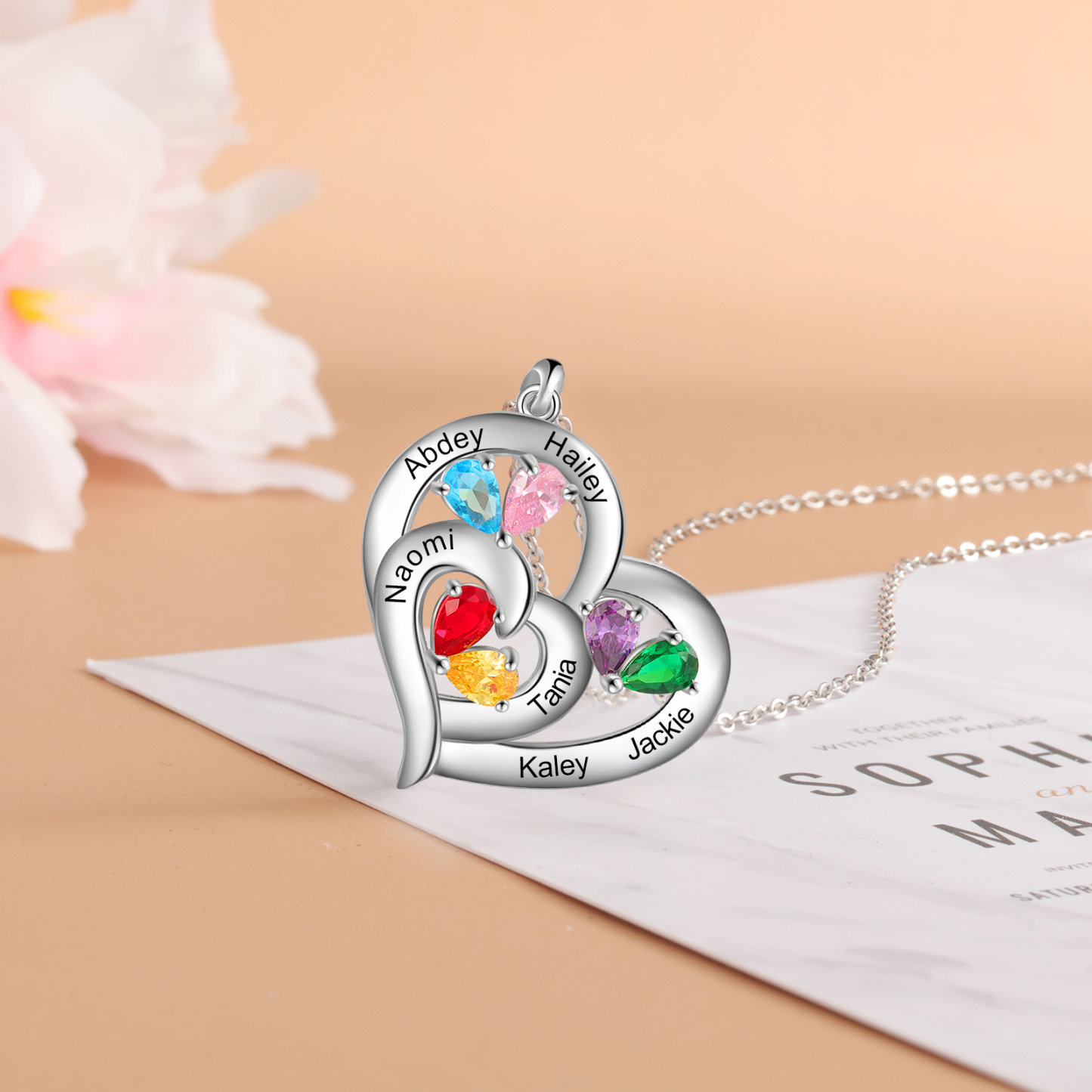 Collier Coeur En Argent S925 Personnalisé avec 6 Prénoms et 6 Pierres de Naissance Collier Personnalisable pour Femme|Jessemade