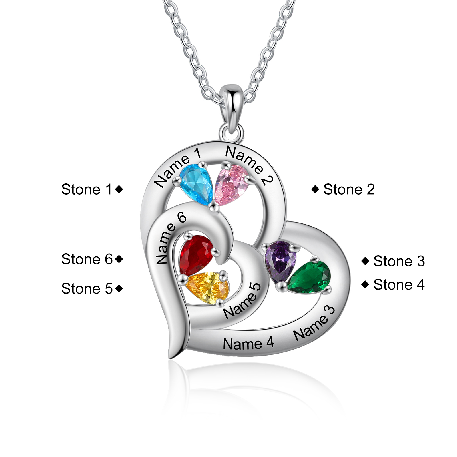 Collier Coeur En Argent S925 Personnalisé avec 6 Prénoms et 6 Pierres de Naissance Collier Personnalisable pour Femme|Jessemade