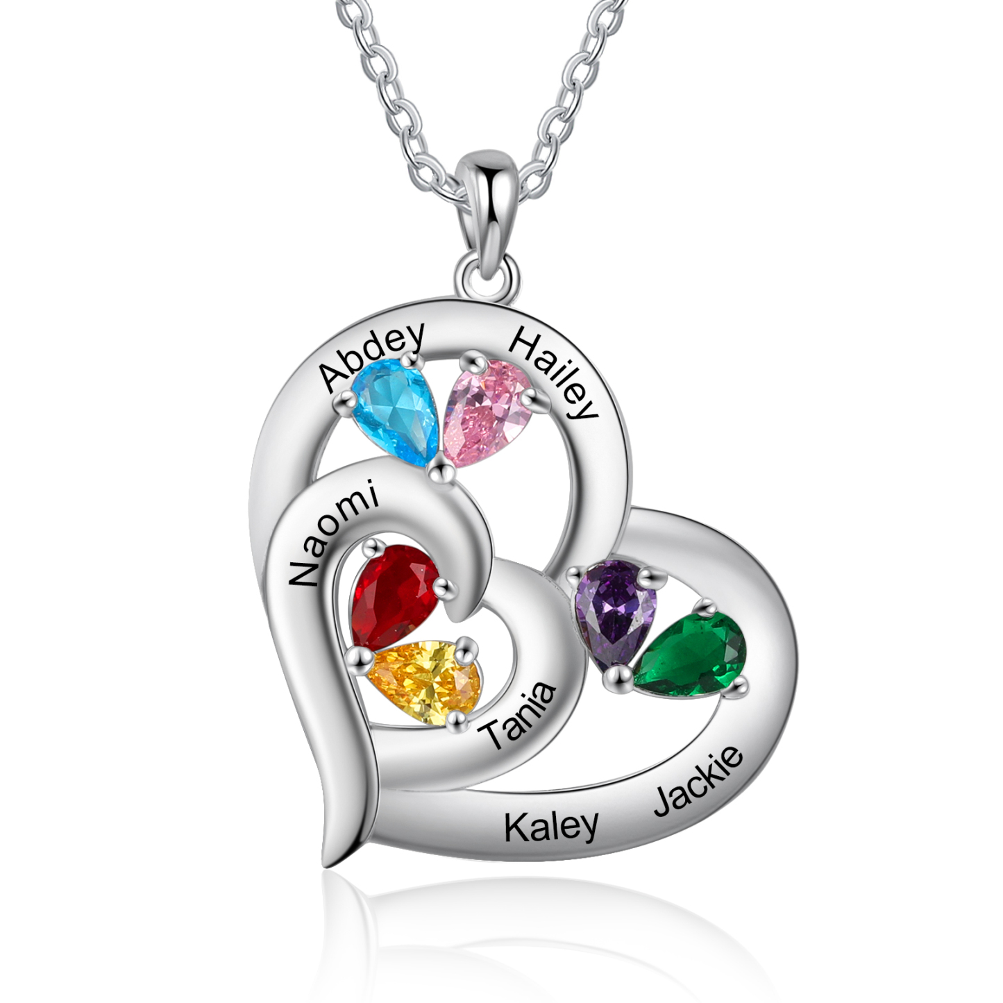 Collier Cœur Personnalisé en Argent 925 avec Noms Gravés et Pierres de Naissance | Jessemade