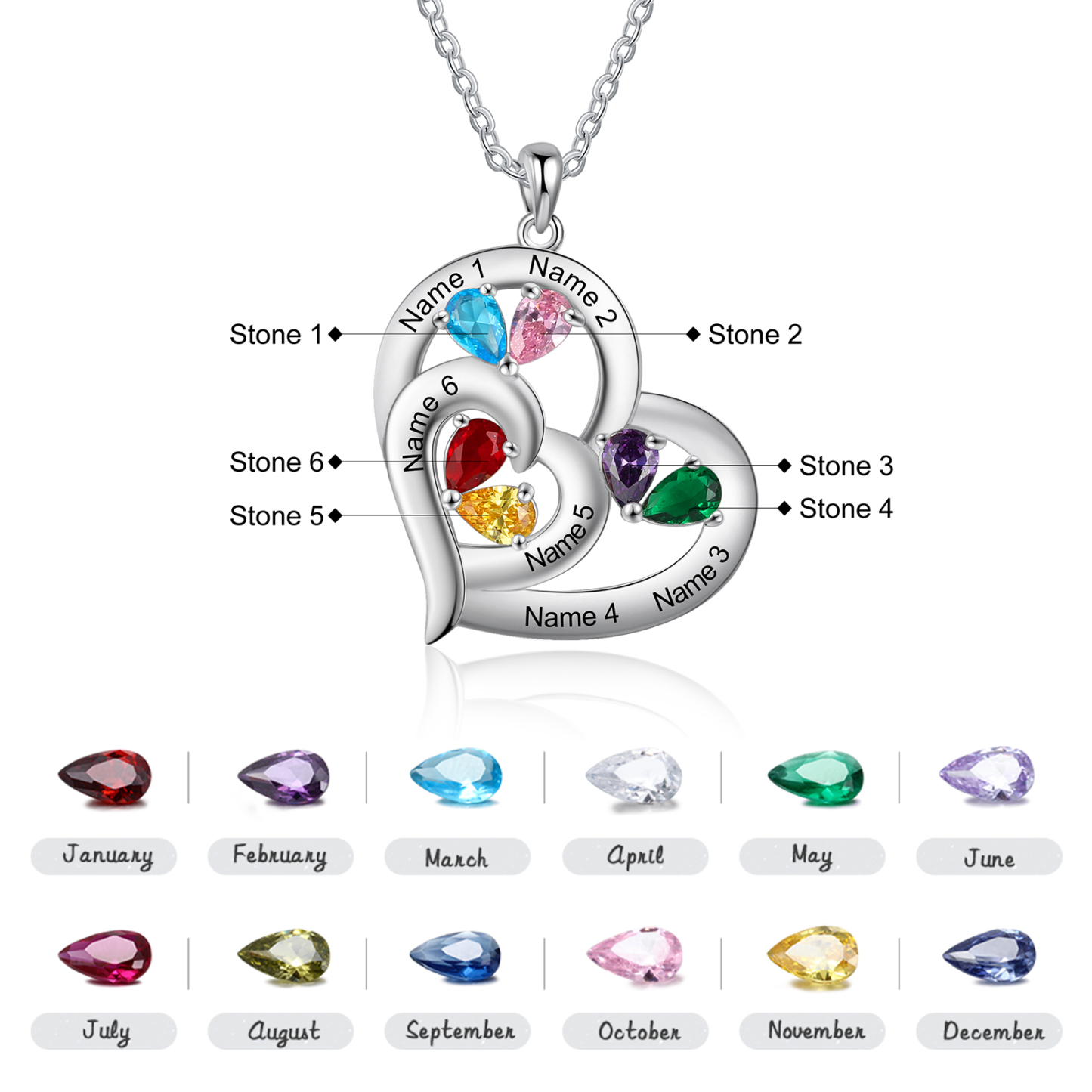 Collier Coeur En Argent S925 Personnalisé avec 6 Prénoms et 6 Pierres de Naissance Collier Personnalisable pour Femme|Jessemade