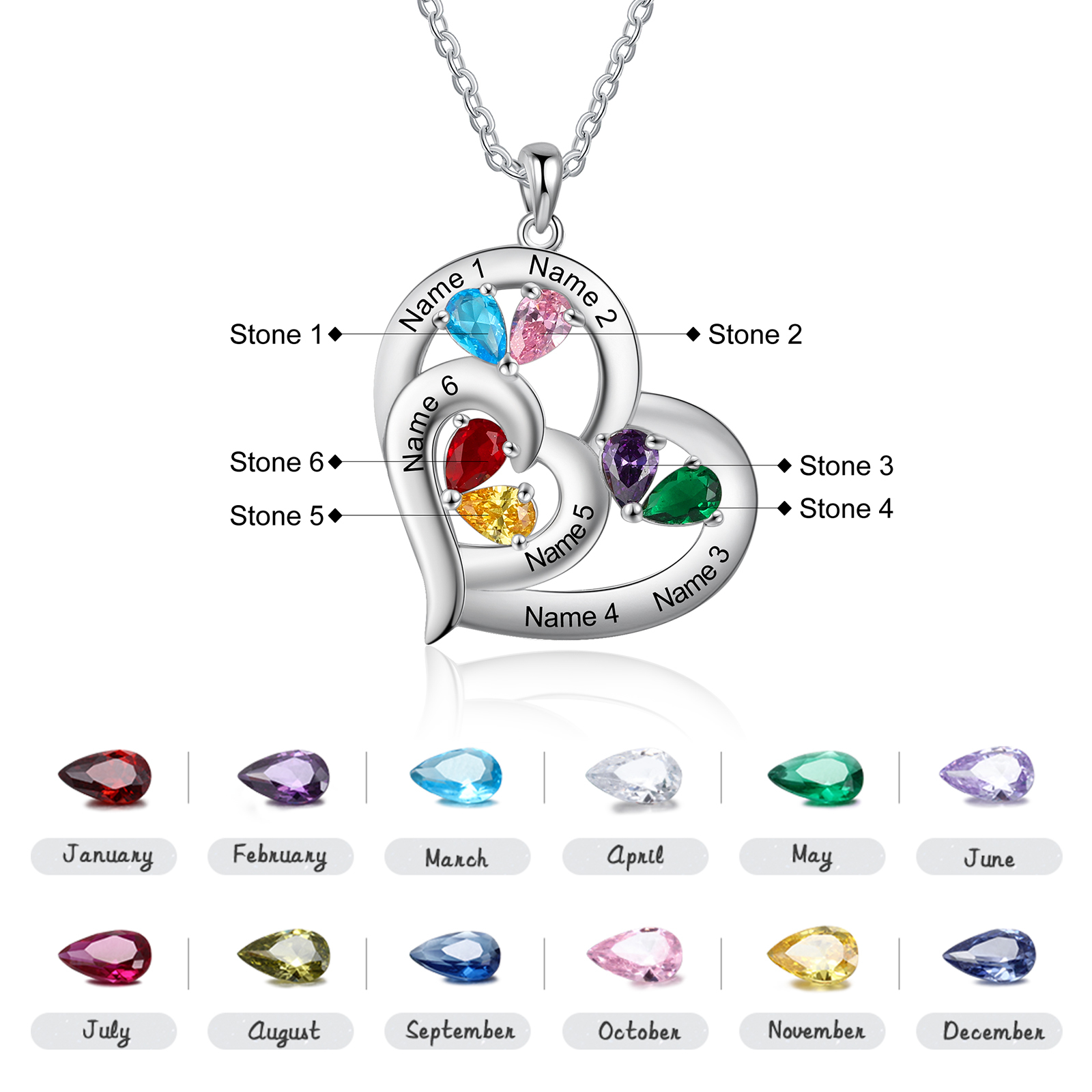Collier Coeur En Argent S925 Personnalisé avec 6 Prénoms et 6 Pierres de Naissance Collier Personnalisable pour Femme|Jessemade