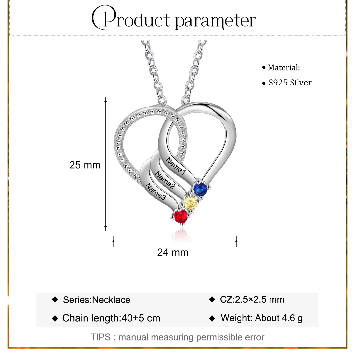 Collier Cœur en Argent Sterling 925 Personnalisé avec 3 Prénoms et 3 Pierres de Naissance Collier Personnalisé pour Femme | Jessemade