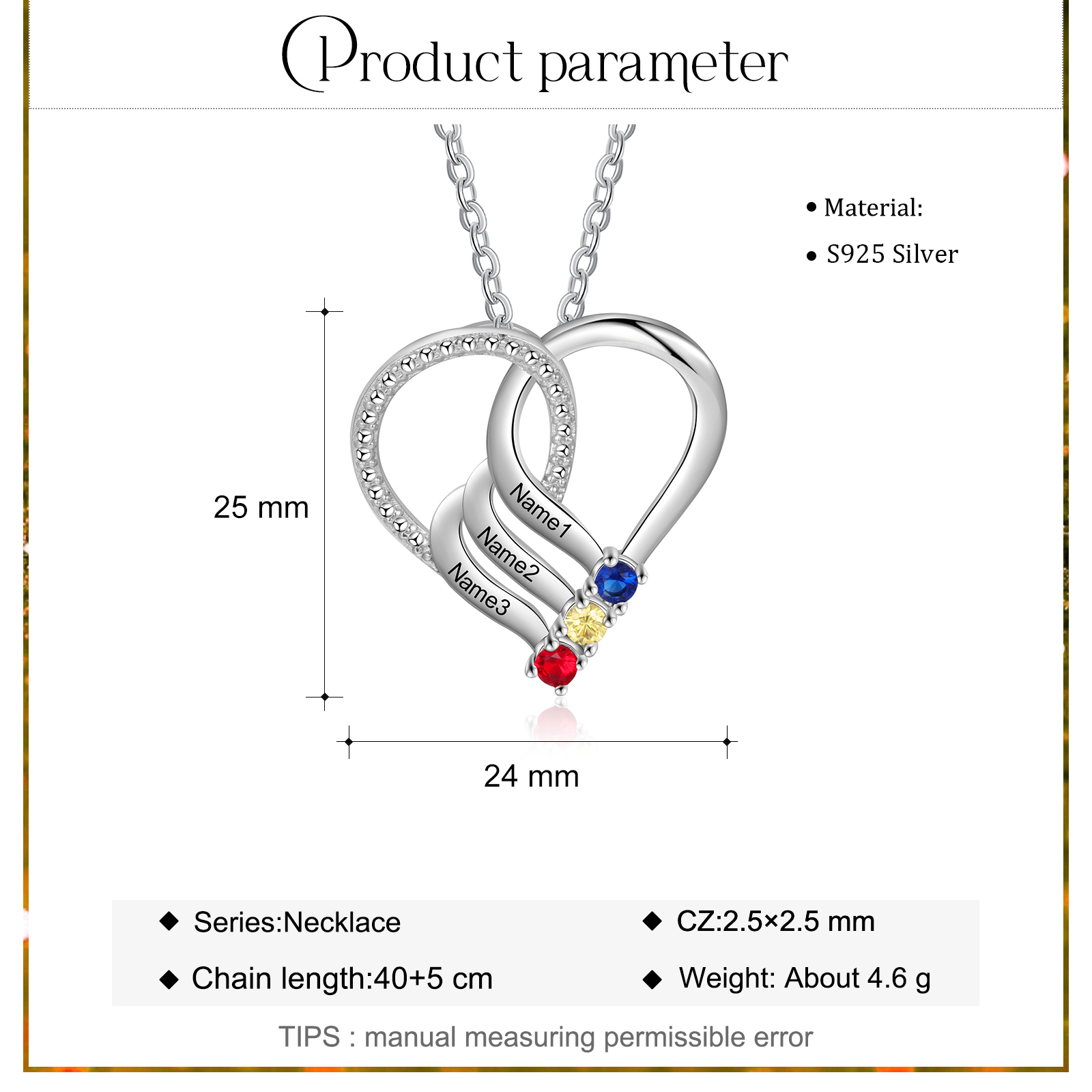 Collier Cœur en Argent Sterling 925 Personnalisé avec 3 Prénoms et 3 Pierres de Naissance Collier Personnalisé pour Femme | Jessemade