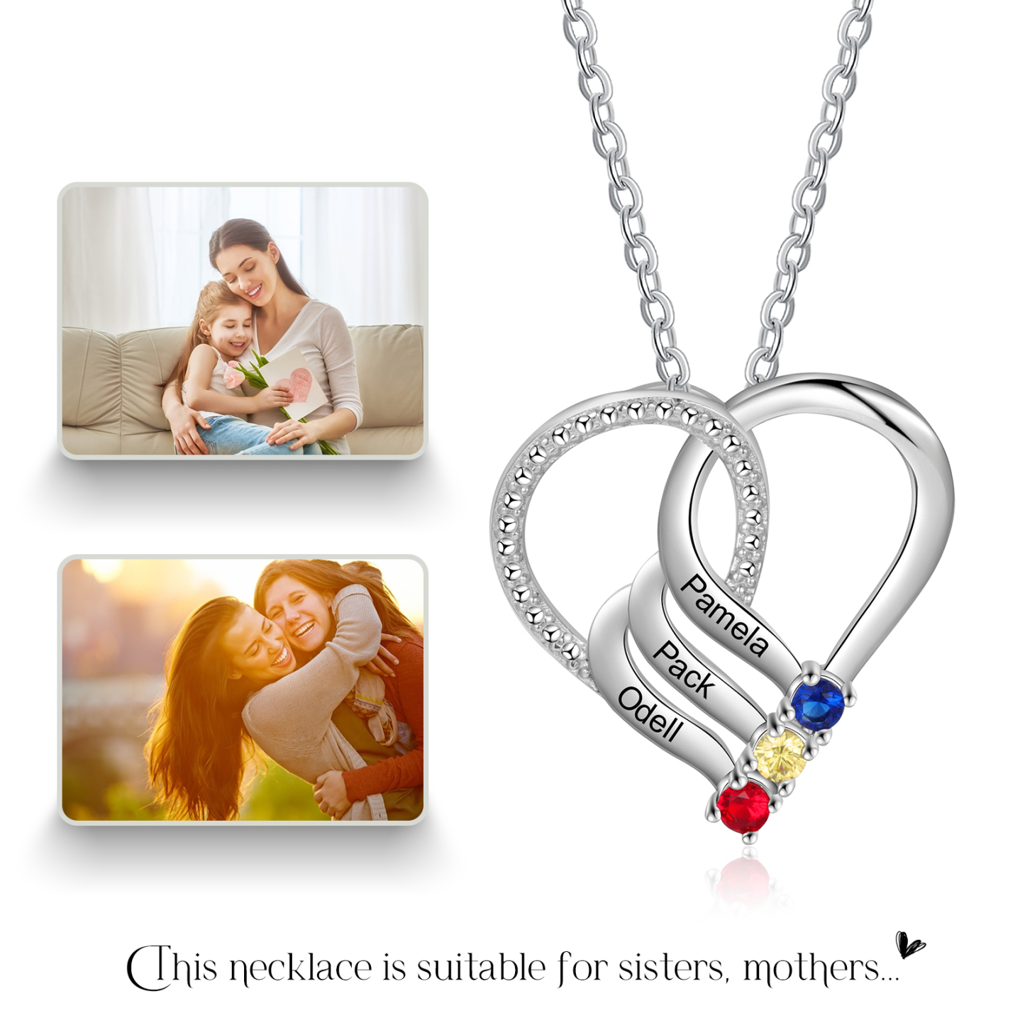 Collier Cœur en Argent Sterling 925 Personnalisé avec 3 Prénoms et 3 Pierres de Naissance Collier Personnalisé pour Femme | Jessemade