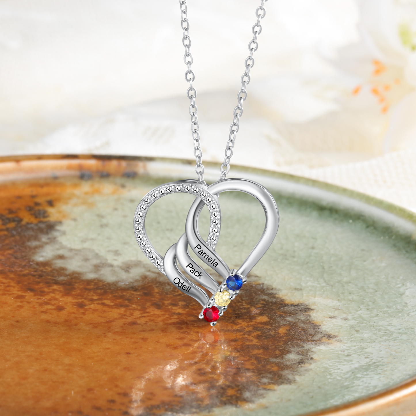 Collier Cœur en Argent Sterling 925 Personnalisé avec 3 Prénoms et 3 Pierres de Naissance Collier Personnalisé pour Femme | Jessemade