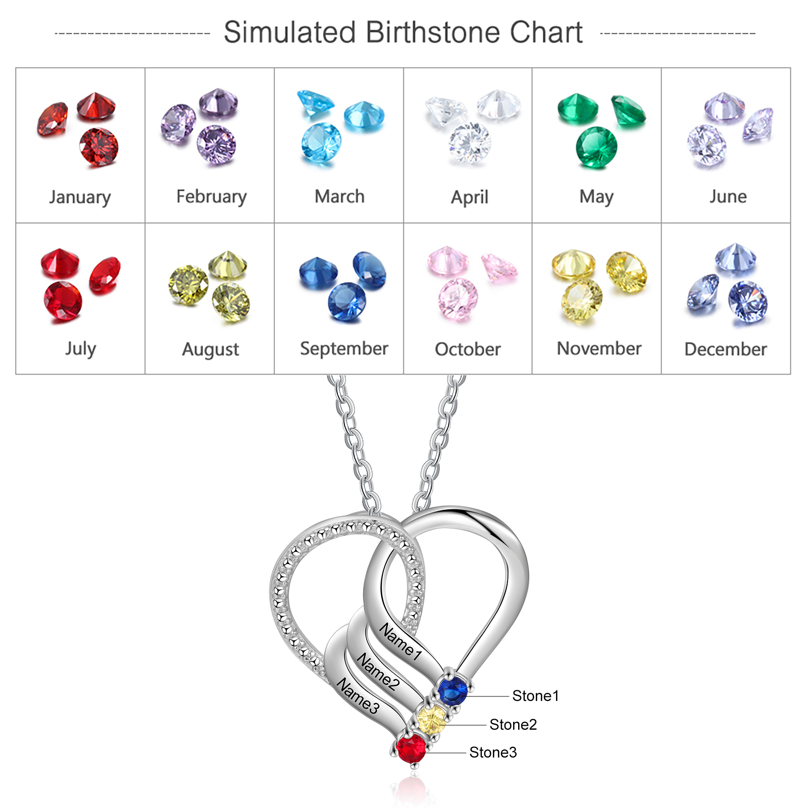 Collier Cœur en Argent Sterling 925 Personnalisé avec 3 Prénoms et 3 Pierres de Naissance Collier Personnalisé pour Femme | Jessemade