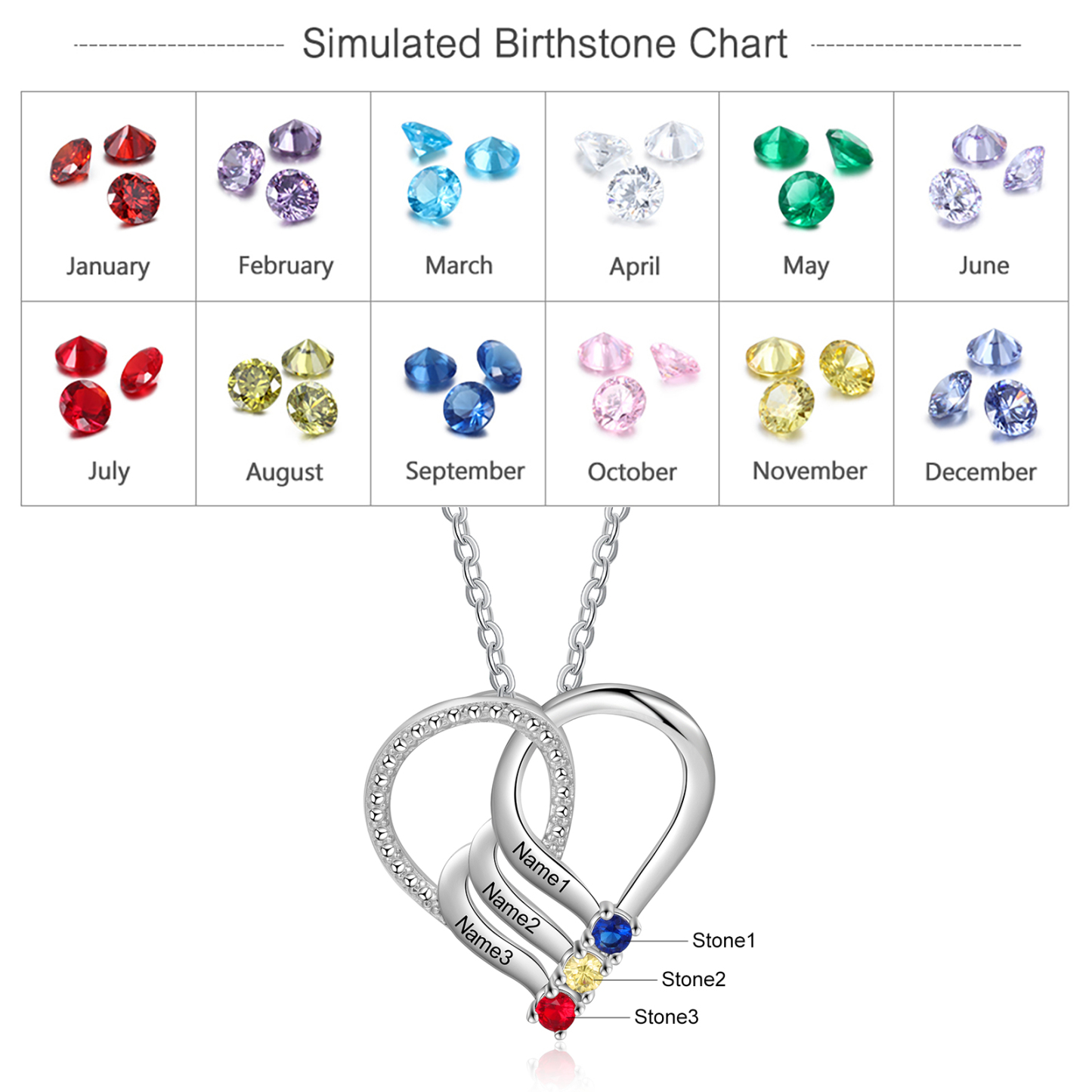 Collier Cœur en Argent Sterling 925 Personnalisé avec 3 Prénoms et 3 Pierres de Naissance Collier Personnalisé pour Femme | Jessemade