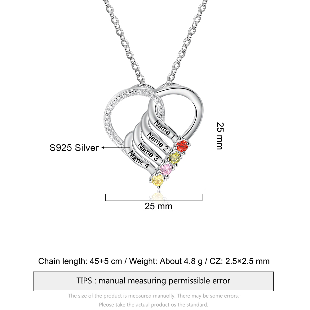 Collier Cœur en Argent Sterling 925 Personnalisé avec 4 Prénoms et 4 Pierres de Naissance Collier Personnalisable pour Femme | Jessemade