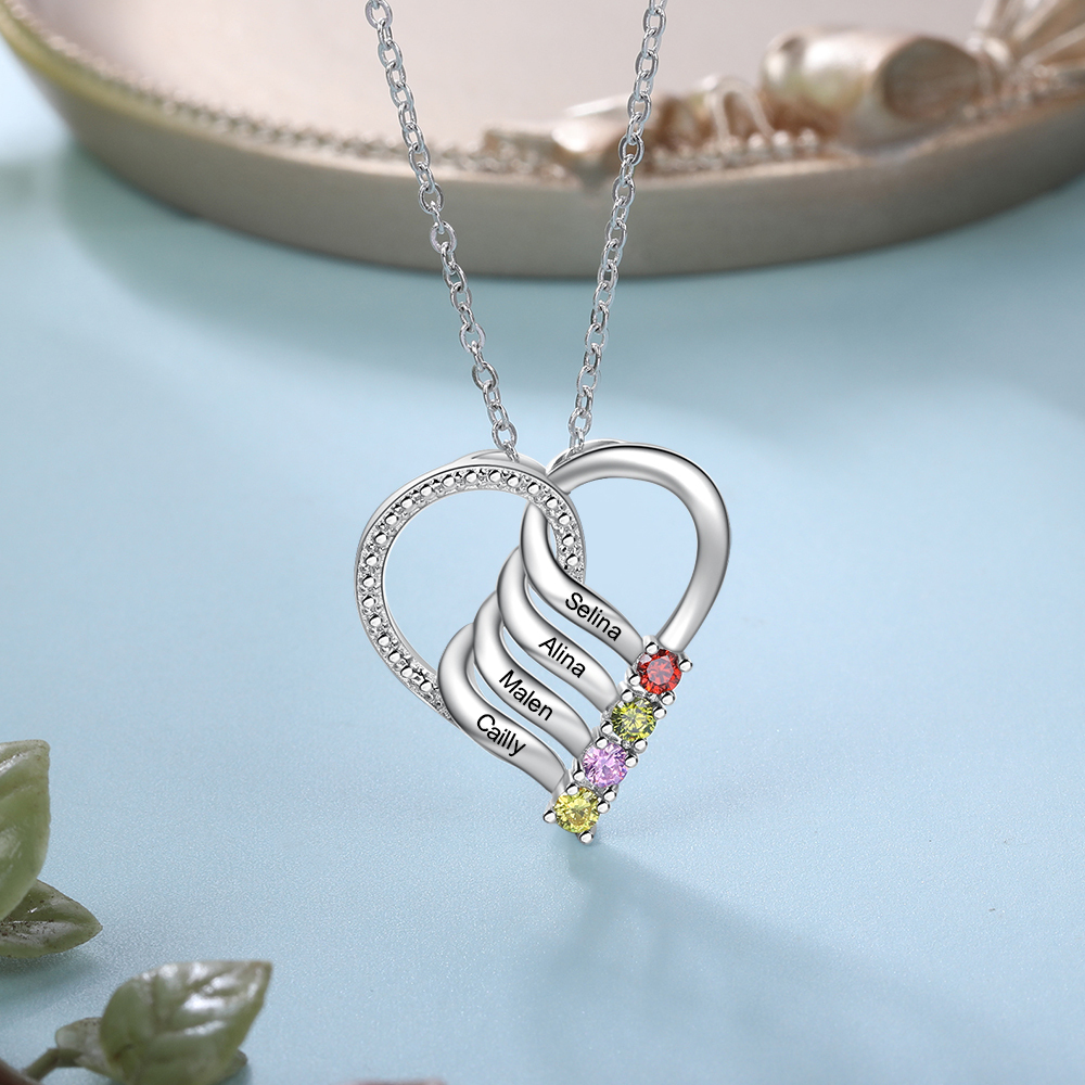 Collier Cœur en Argent Sterling 925 Personnalisé avec 4 Prénoms et 4 Pierres de Naissance Collier Personnalisable pour Femme | Jessemade