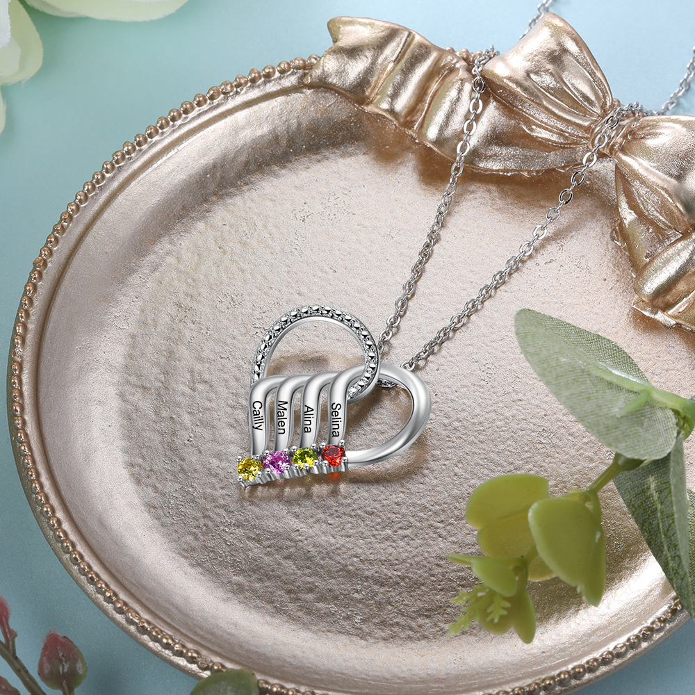 Collier Cœur en Argent Sterling 925 Personnalisé avec 4 Prénoms et 4 Pierres de Naissance Collier Personnalisable pour Femme | Jessemade
