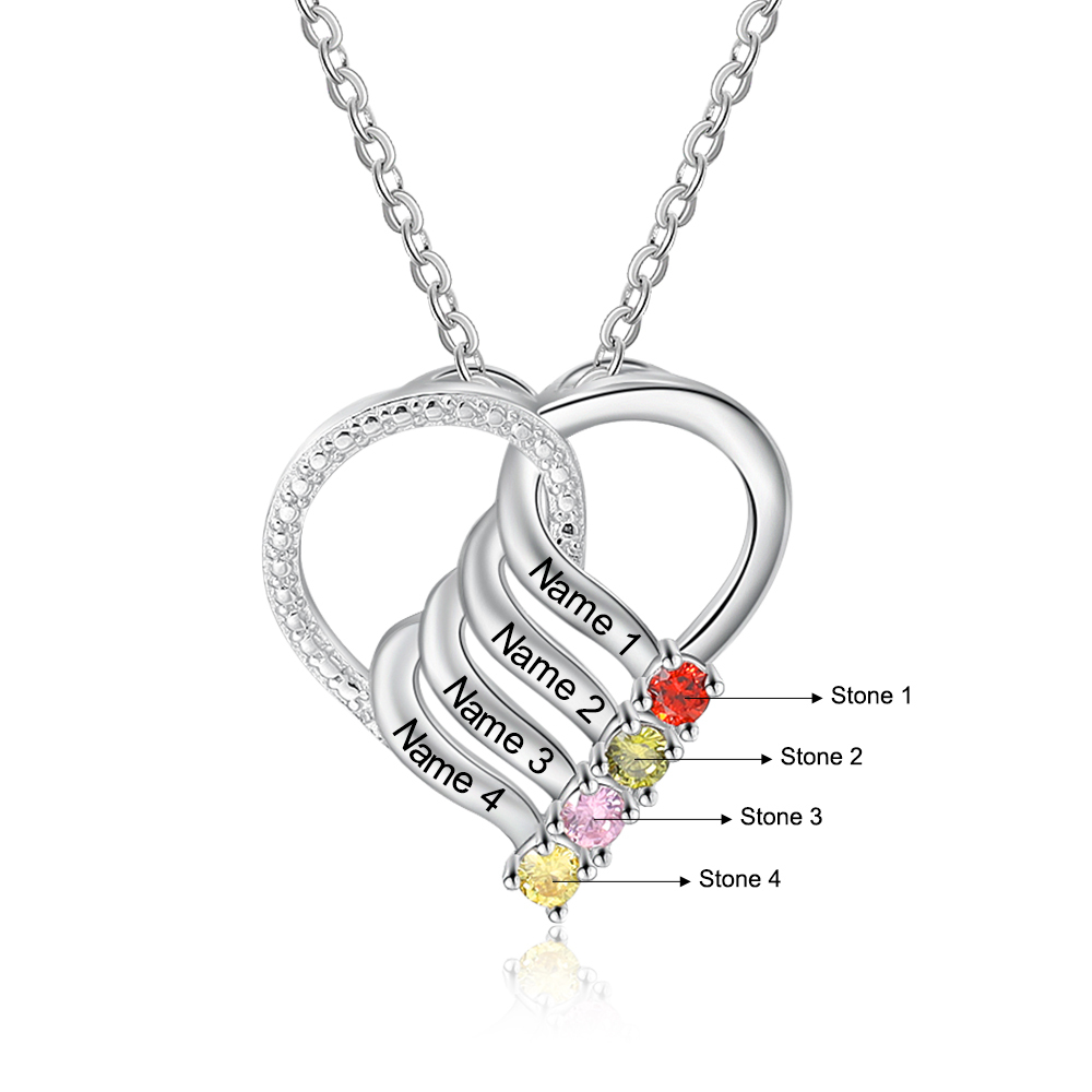Collier Cœur en Argent Sterling 925 Personnalisé avec 4 Prénoms et 4 Pierres de Naissance Collier Personnalisable pour Femme | Jessemade
