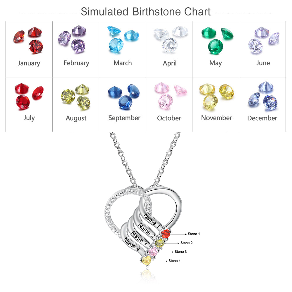 Collier Cœur en Argent Sterling 925 Personnalisé avec 4 Prénoms et 4 Pierres de Naissance Collier Personnalisable pour Femme | Jessemade
