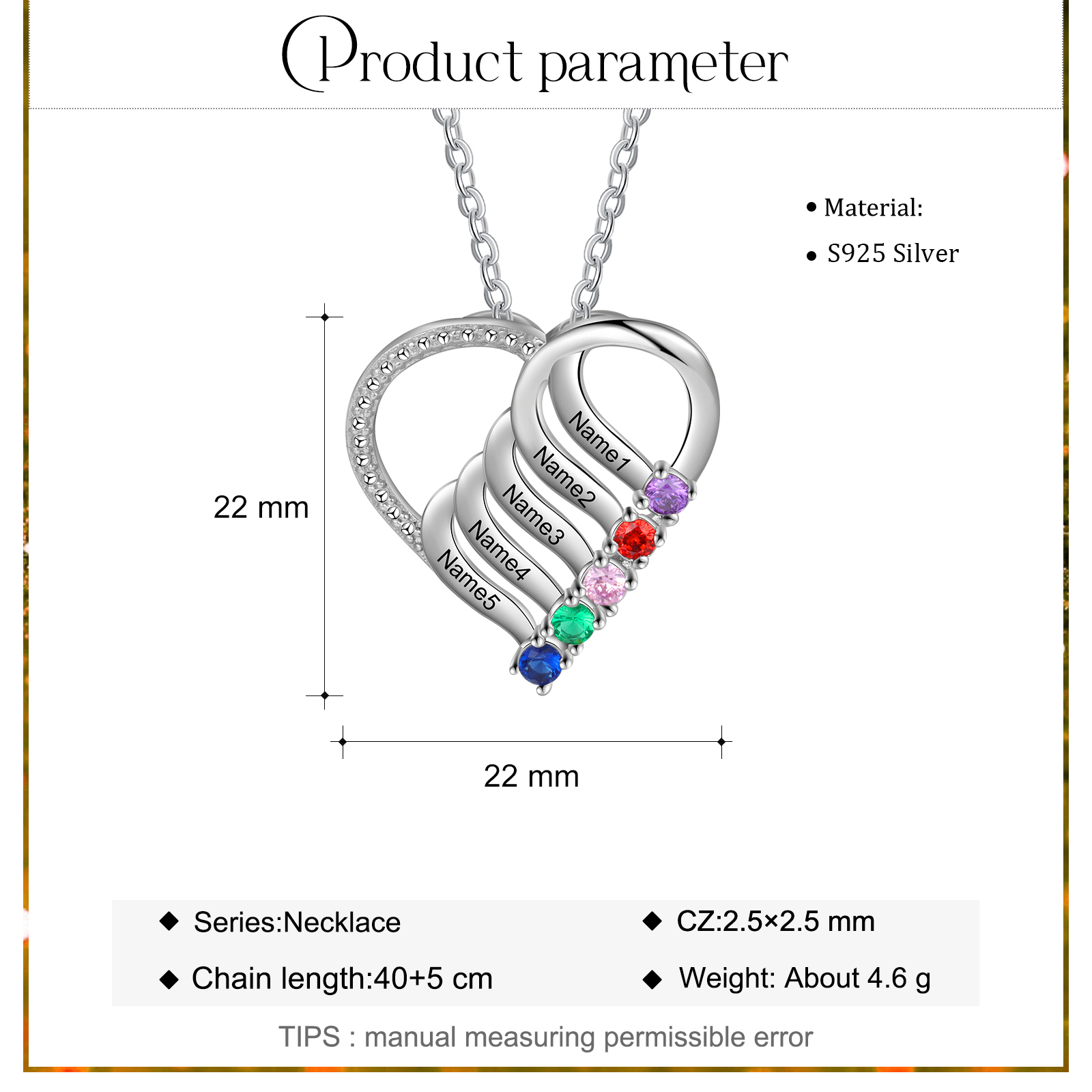 Collier Cœur en Argent Sterling 925 Personnalisé avec 5 Prénoms et 5 Pierres de Naissance Collier Personnalisable pour Femme | Jessemade