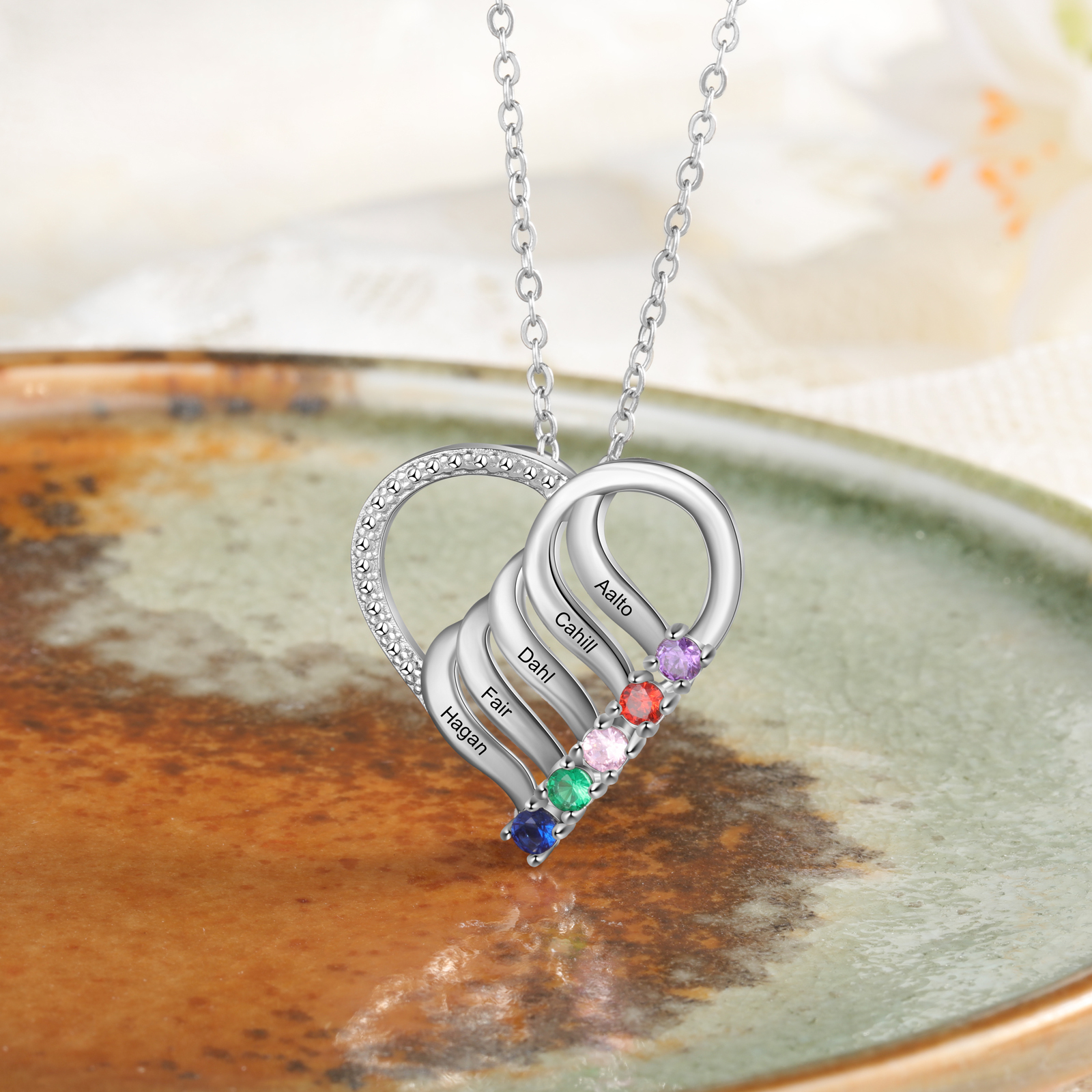 Collier Cœur en Argent Sterling 925 Personnalisé avec 5 Prénoms et 5 Pierres de Naissance Collier Personnalisable pour Femme | Jessemade