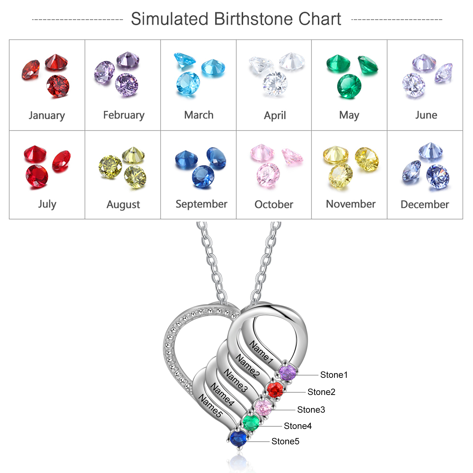 Collier Cœur en Argent Sterling 925 Personnalisé avec 5 Prénoms et 5 Pierres de Naissance Collier Personnalisable pour Femme | Jessemade