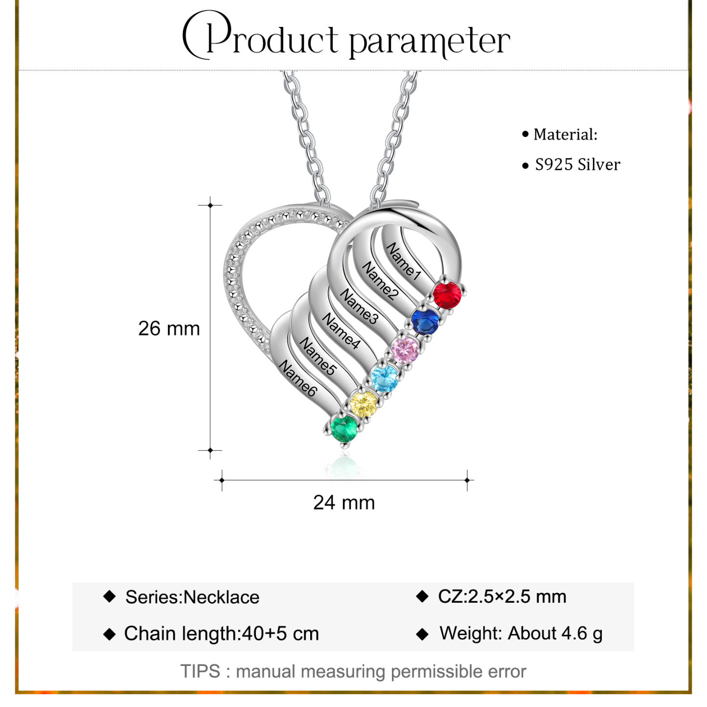 Collier Cœur en Argent Sterling 925 Personnalisé avec 6 Prénoms et 6 Pierres de Naissance Collier Personnalisable pour Femme | Jessemade