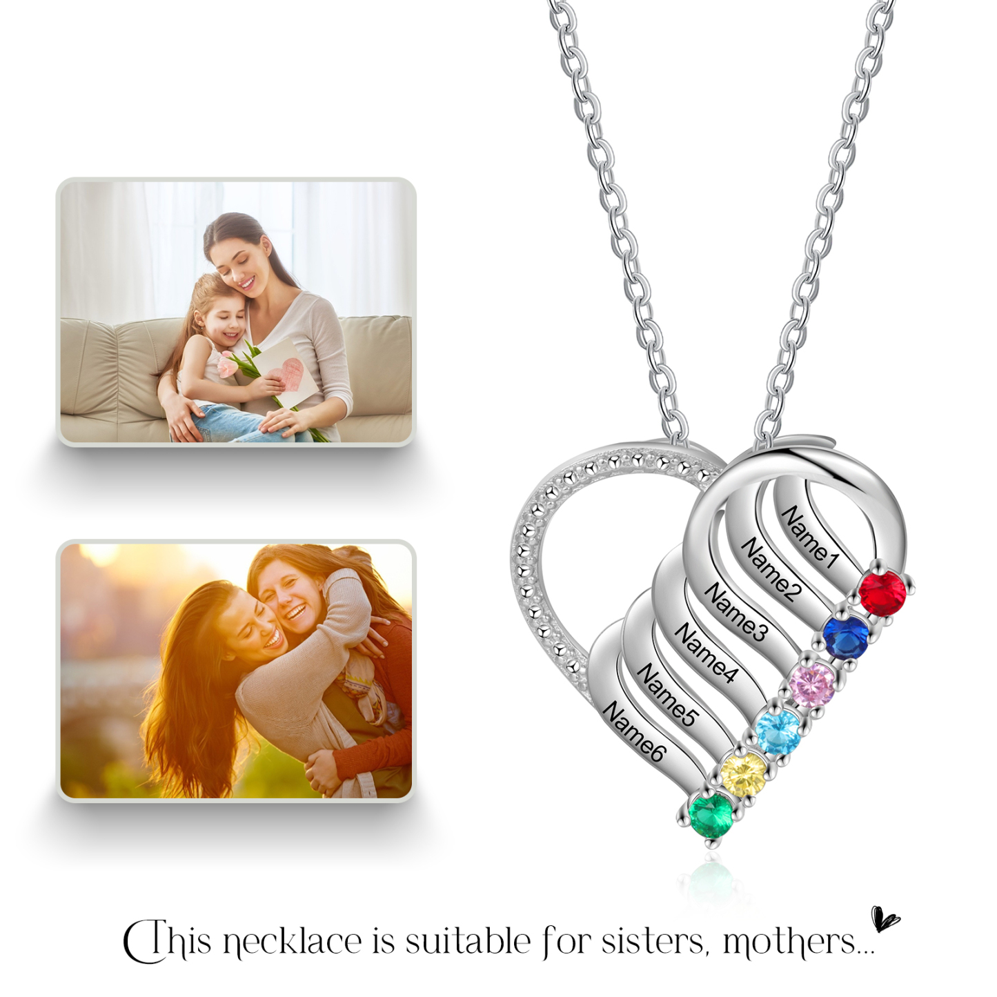 Collier Cœur en Argent Sterling 925 Personnalisé avec 6 Prénoms et 6 Pierres de Naissance Collier Personnalisable pour Femme | Jessemade