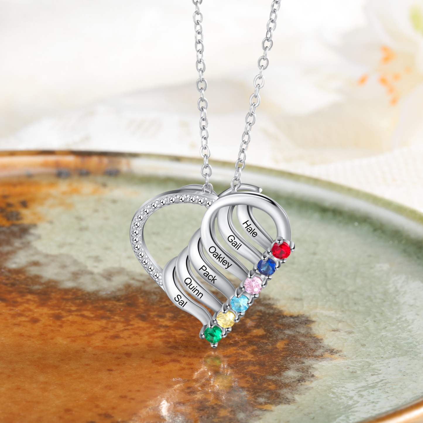 Collier Cœur en Argent Sterling 925 Personnalisé avec 6 Prénoms et 6 Pierres de Naissance Collier Personnalisable pour Femme | Jessemade