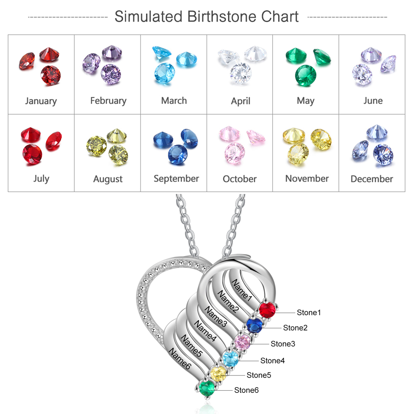 Collier Cœur en Argent Sterling 925 Personnalisé avec 6 Prénoms et 6 Pierres de Naissance Collier Personnalisable pour Femme | Jessemade
