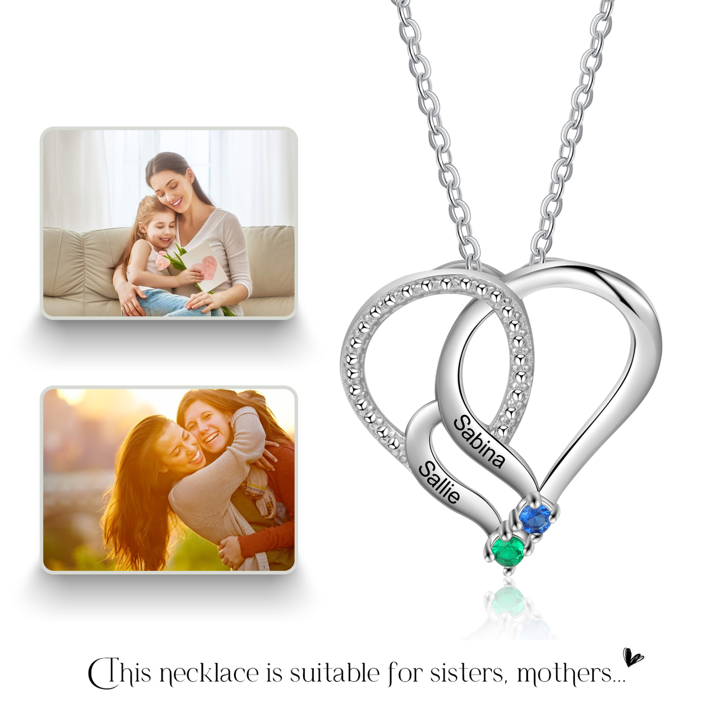 Collier Cœur en Argent Sterling 925 Personnalisé avec 2 Prénoms et 2 Pierres de Naissance Collier Personnalisé pour Femme | Jessemade