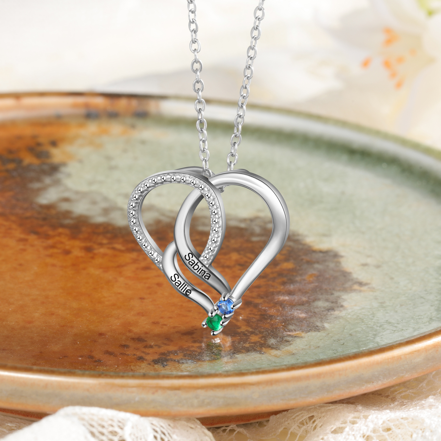 Collier Cœur en Argent Sterling 925 Personnalisé avec 2 Prénoms et 2 Pierres de Naissance Collier Personnalisé pour Femme | Jessemade