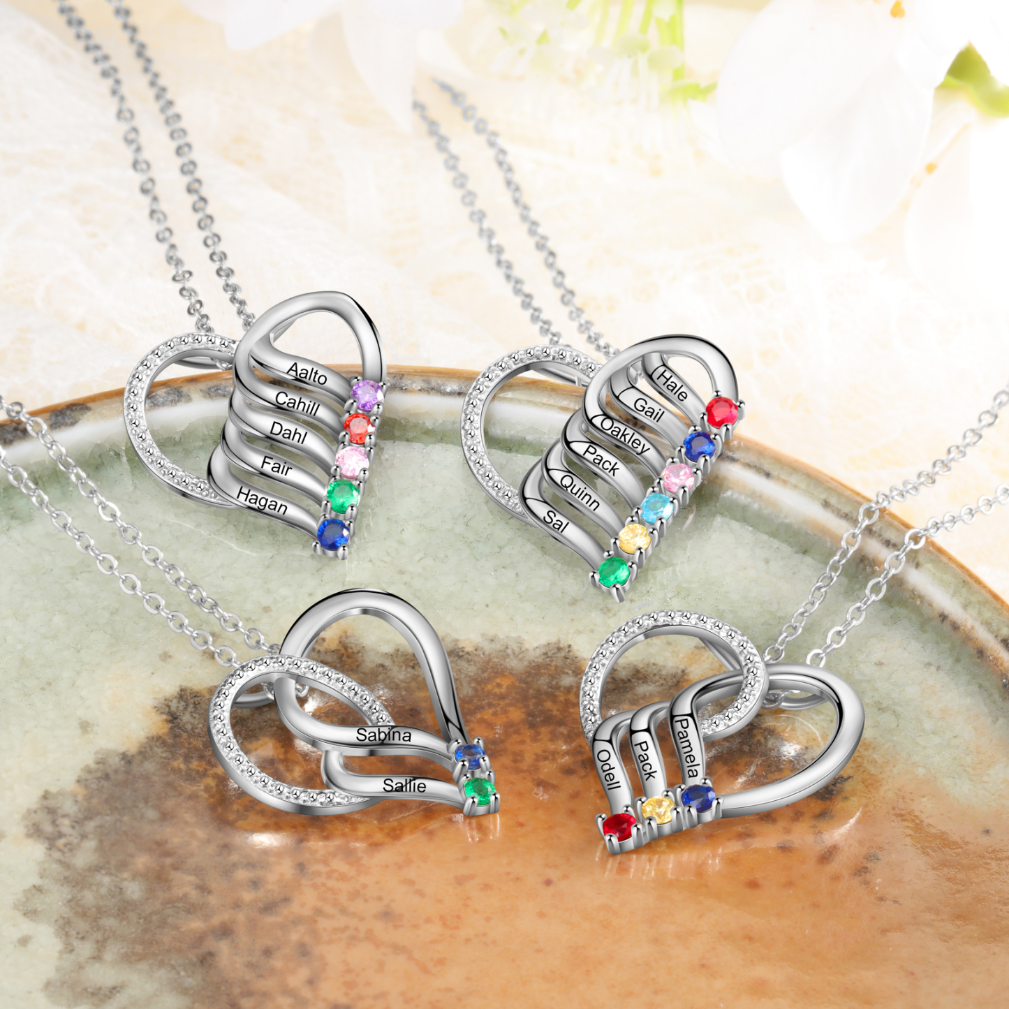 Collier Cœur en Argent Sterling 925 Personnalisé avec 3 Prénoms et 3 Pierres de Naissance Collier Personnalisé pour Femme | Jessemade