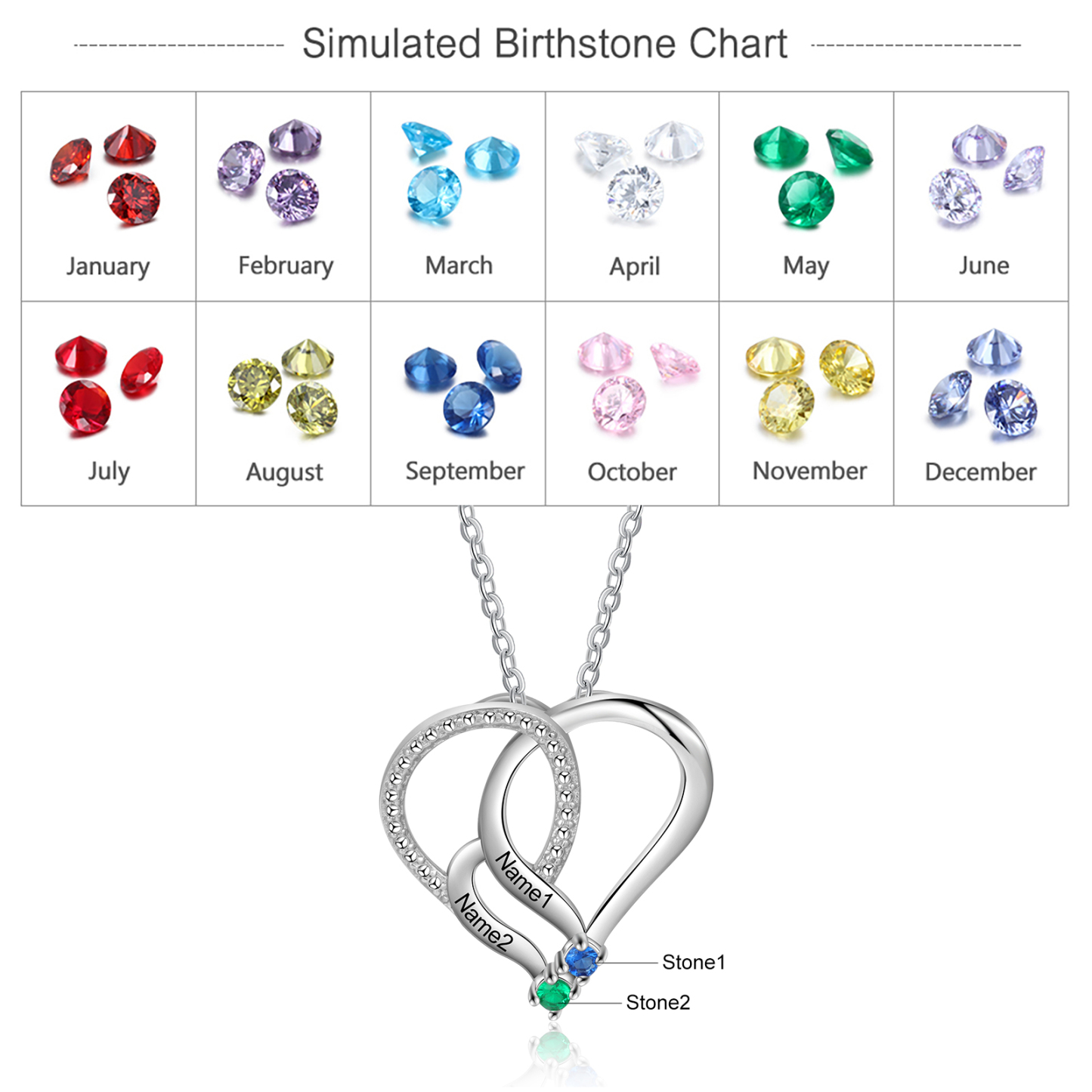 Collier Cœur en Argent Sterling 925 Personnalisé avec 2 Prénoms et 2 Pierres de Naissance Collier Personnalisé pour Femme | Jessemade
