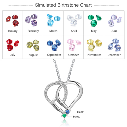 Collier Cœur en Argent Sterling 925 Personnalisé avec 2 Prénoms et 2 Pierres de Naissance Collier Personnalisé pour Femme | Jessemade