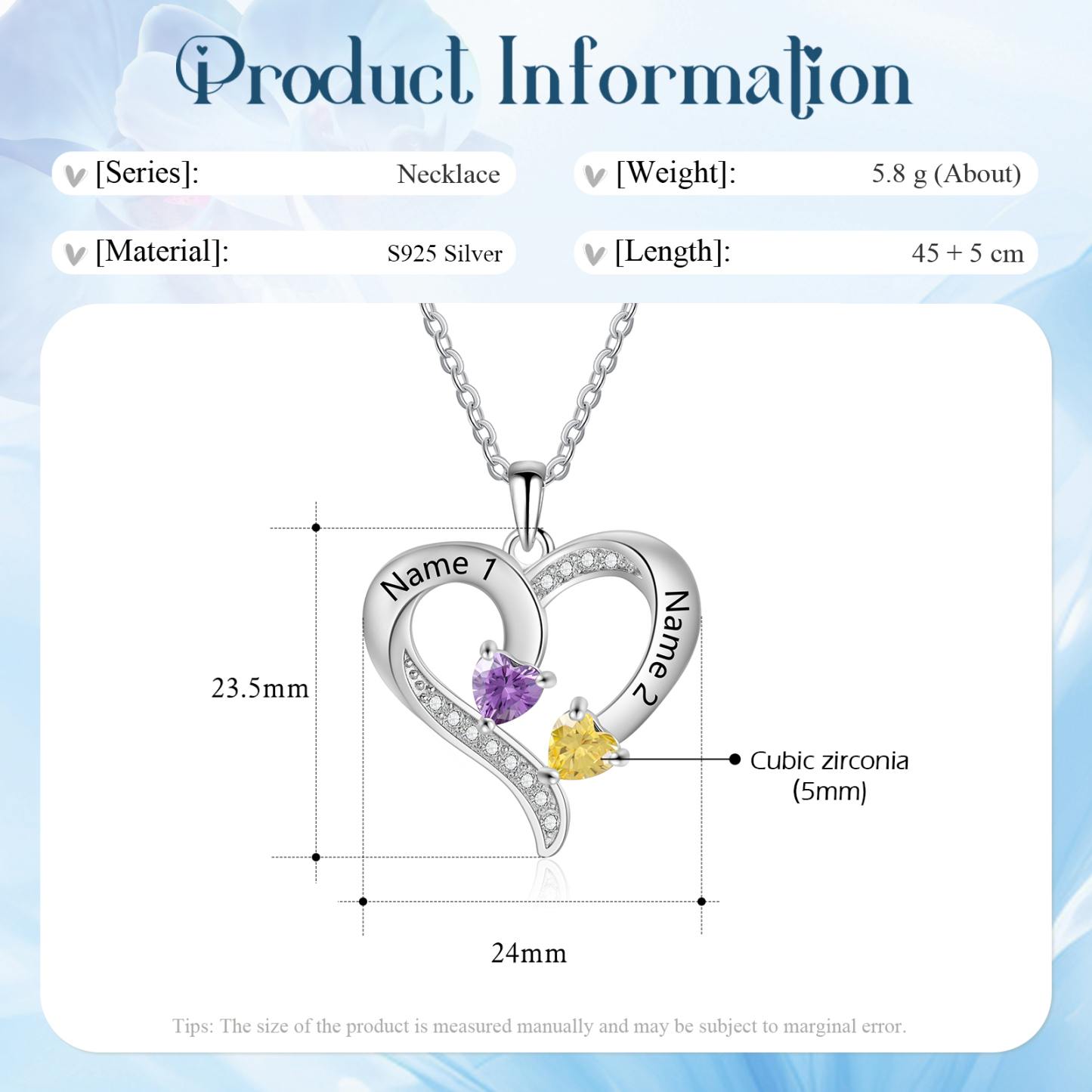 Collier Coeur en Argent S925 Personnalisé avec 2 Prénoms et Pierres de Naissance Collier Argent pour Femme|Jessemade