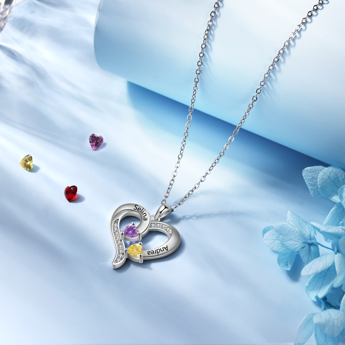 Collier Coeur en Argent S925 Personnalisé avec 2 Prénoms et Pierres de Naissance Collier Argent pour Femme|Jessemade