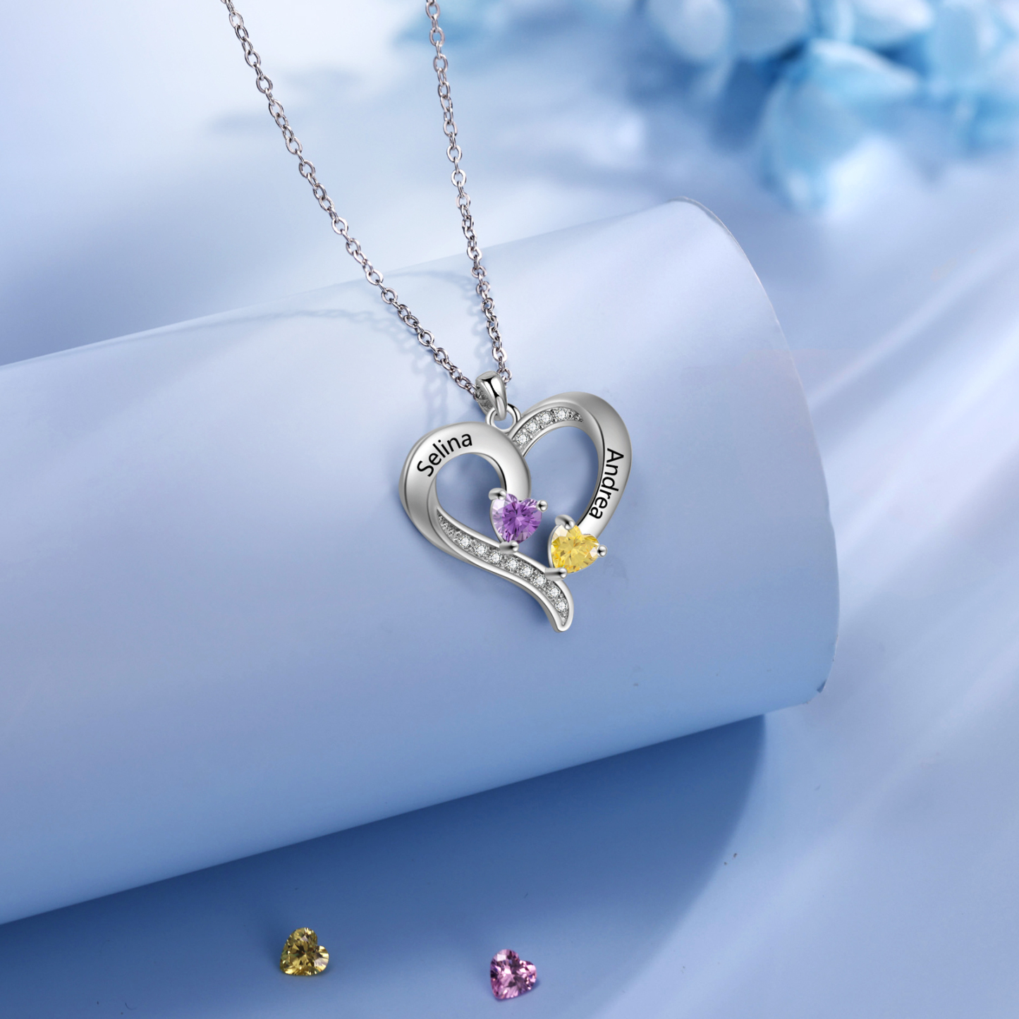 Collier Coeur en Argent S925 Personnalisé avec 2 Prénoms et Pierres de Naissance Collier Argent pour Femme|Jessemade