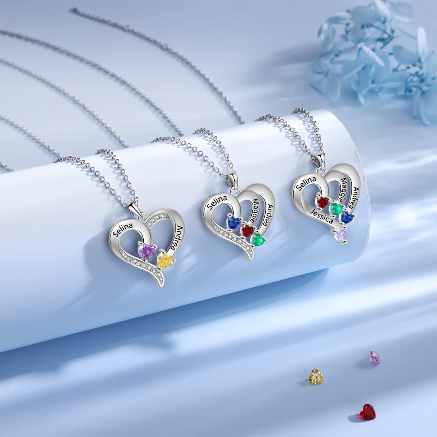 Collier Coeur en Argent S925 Personnalisé avec 2 Prénoms et Pierres de Naissance Collier Argent pour Femme|Jessemade
