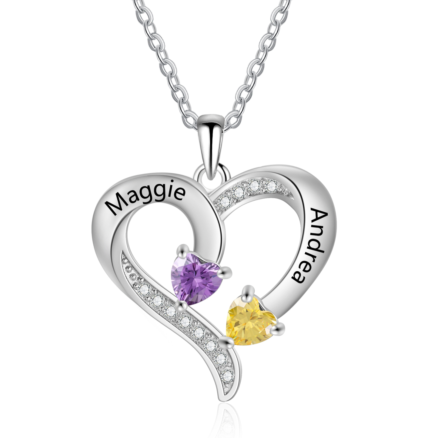 Collier personnalisé en argent S925 avec 2 pierres de naissance et prénoms gravés – Cadeau unique et sentimental | Jessemade