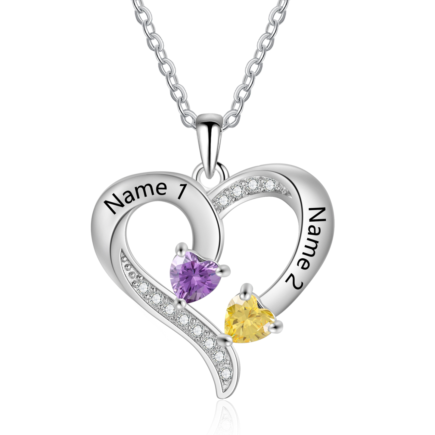 Collier Coeur en Argent S925 Personnalisé avec 2 Prénoms et Pierres de Naissance Collier Argent pour Femme|Jessemade