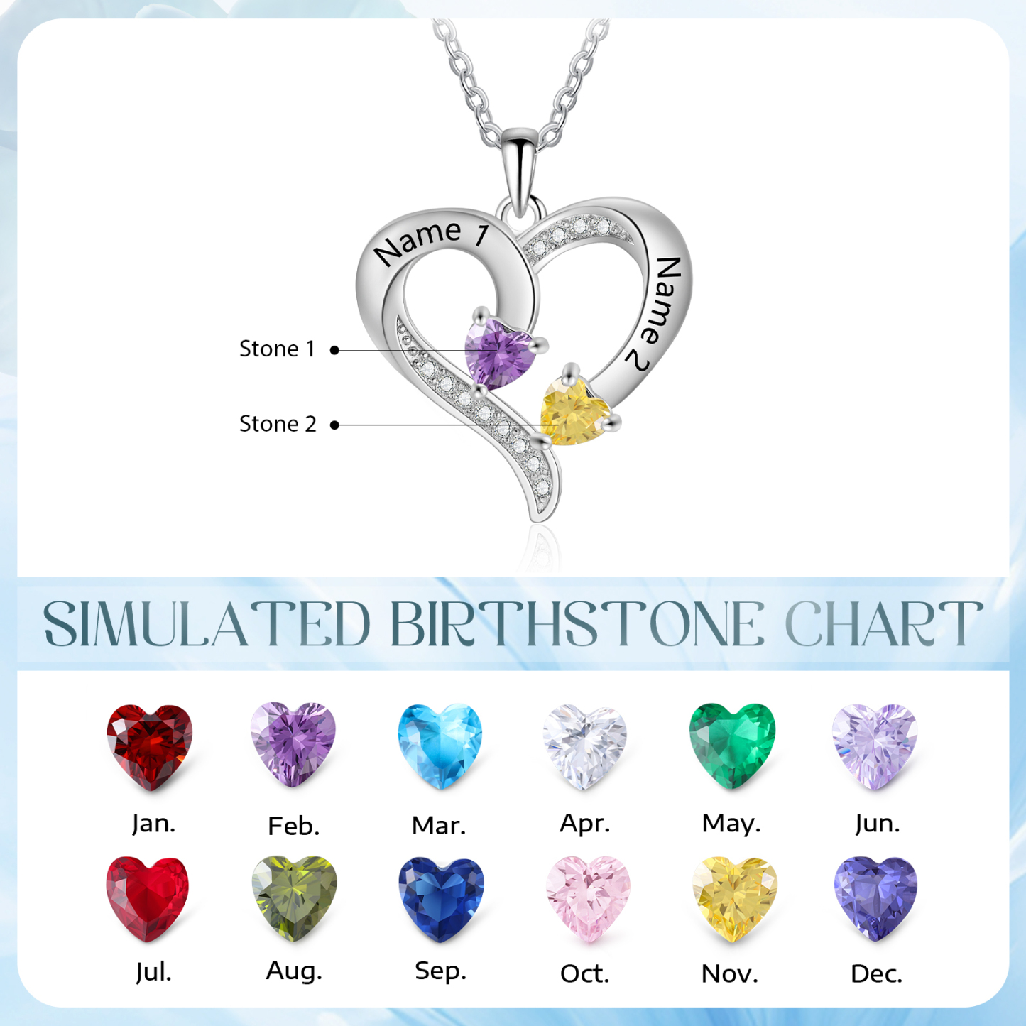 Collier Coeur en Argent S925 Personnalisé avec 2 Prénoms et Pierres de Naissance Collier Argent pour Femme|Jessemade