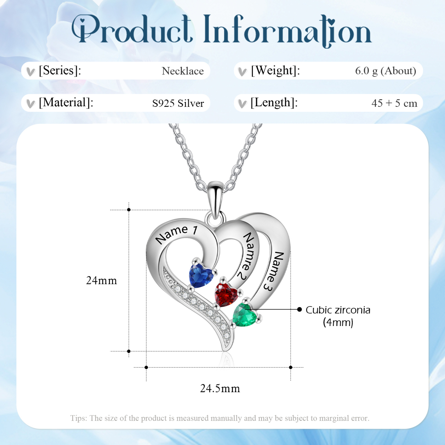 Collier Coeur en Argent S925 Personnalisé avec 3 Prénoms et Pierres de Naissance Collier Argent pour Femme|Jessemade