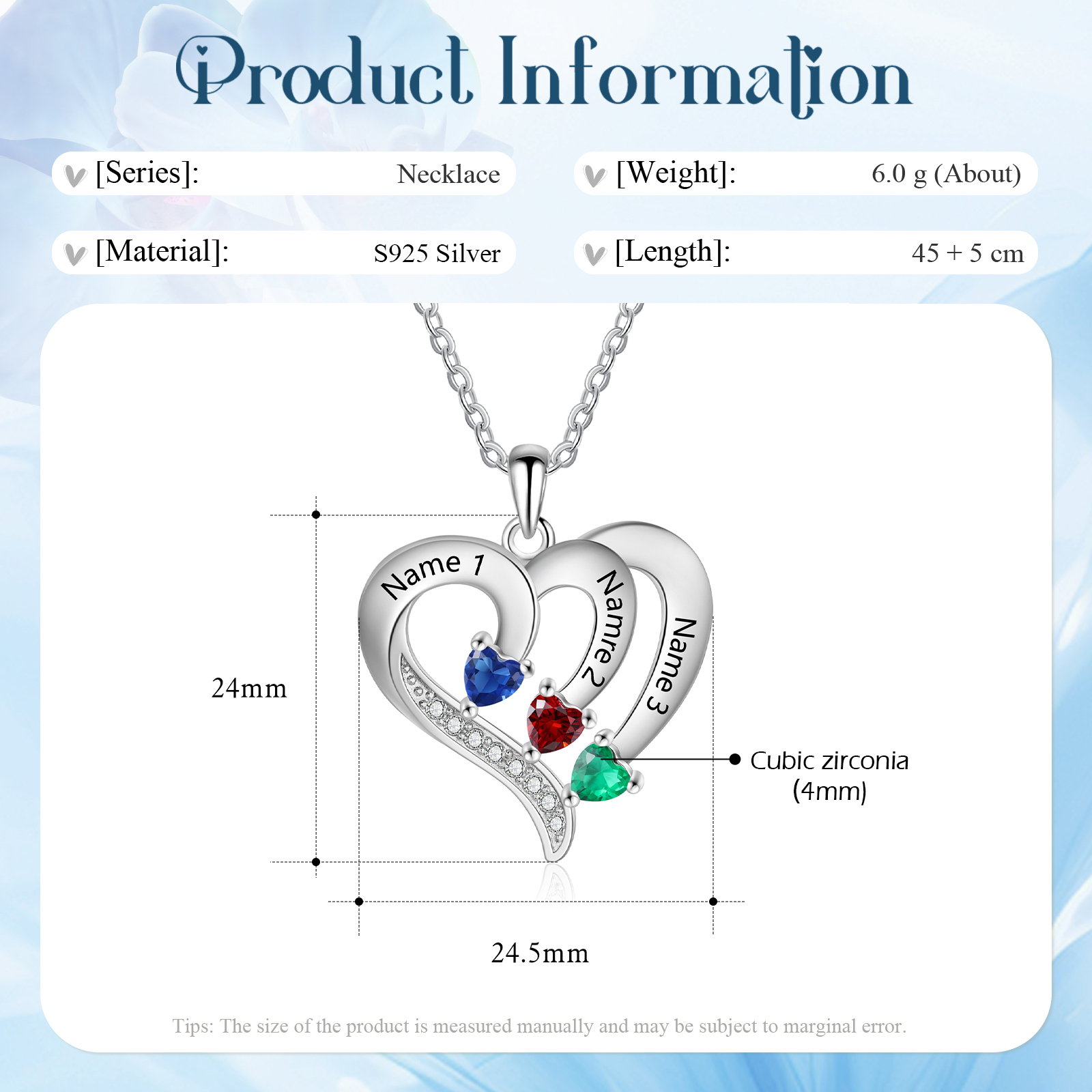 Collier Coeur en Argent S925 Personnalisé avec 3 Prénoms et Pierres de Naissance Collier Argent pour Femme|Jessemade