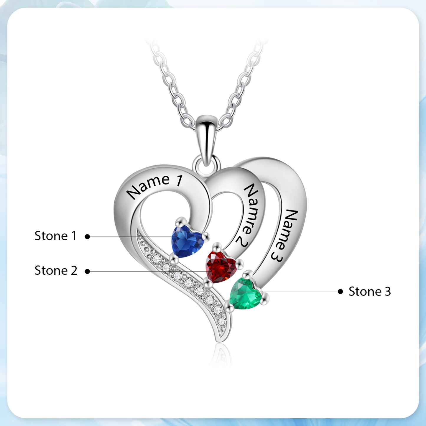 Collier Coeur en Argent S925 Personnalisé avec 3 Prénoms et Pierres de Naissance Collier Argent pour Femme|Jessemade