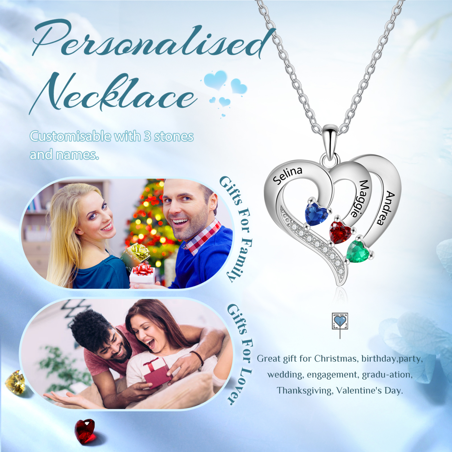 Collier Coeur en Argent S925 Personnalisé avec 3 Prénoms et Pierres de Naissance Collier Argent pour Femme|Jessemade