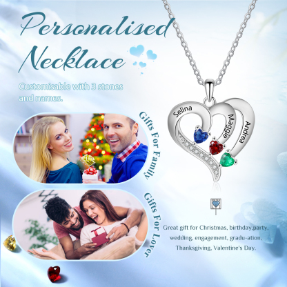 Collier Coeur en Argent S925 Personnalisé avec 3 Prénoms et Pierres de Naissance Collier Argent pour Femme｜Jessemade