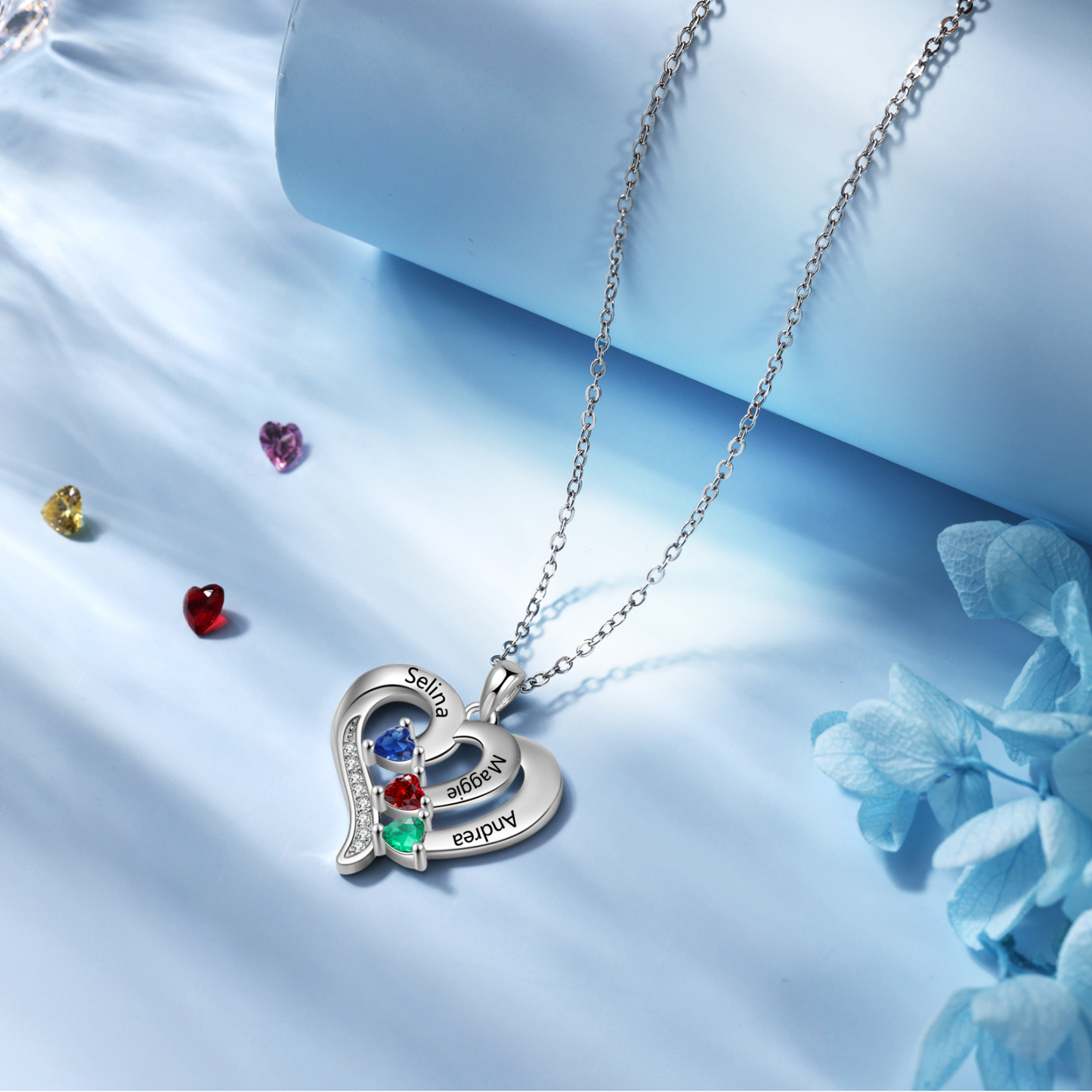 Collier Coeur en Argent S925 Personnalisé avec 3 Prénoms et Pierres de Naissance Collier Argent pour Femme|Jessemade