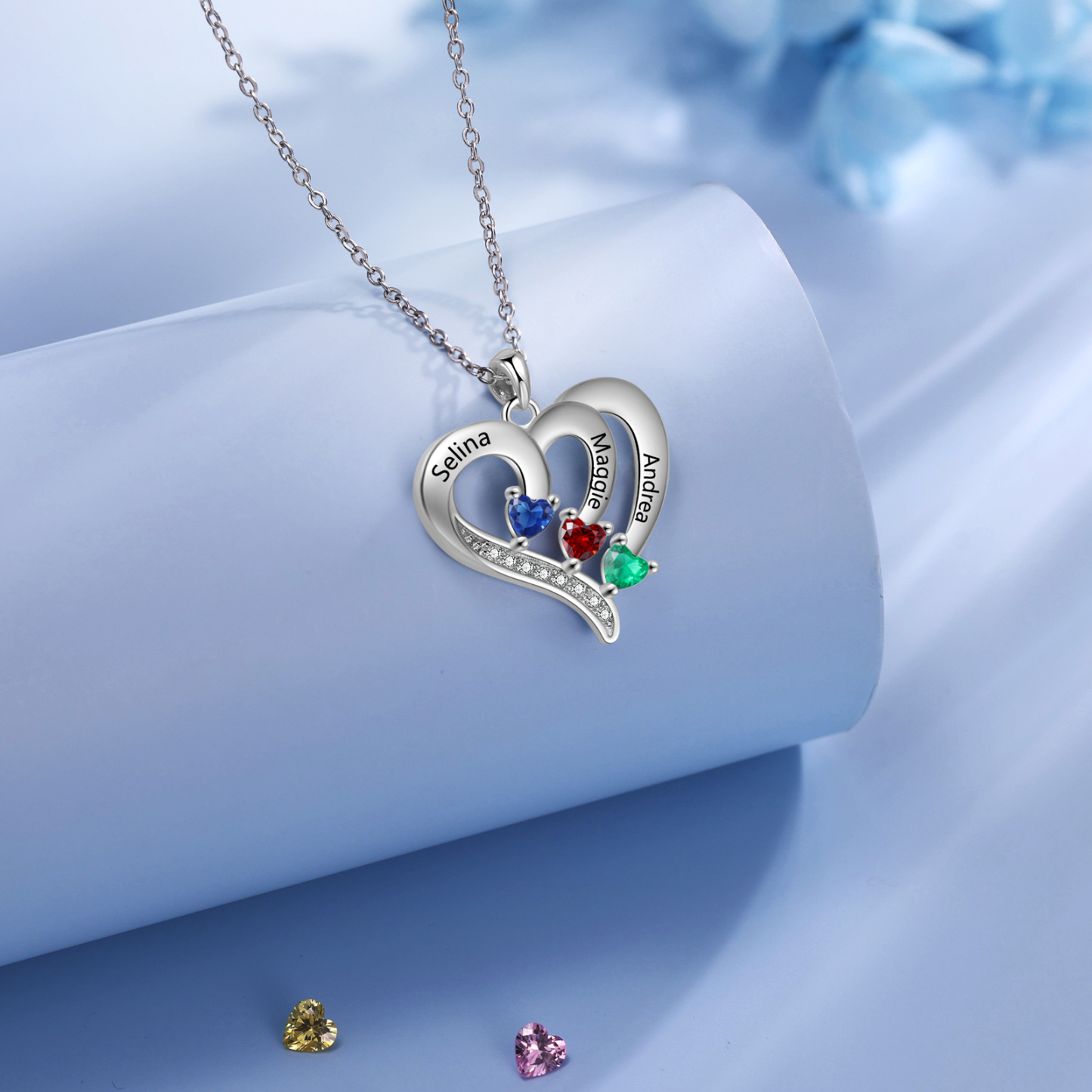 Collier Coeur en Argent S925 Personnalisé avec 3 Prénoms et Pierres de Naissance Collier Argent pour Femme|Jessemade