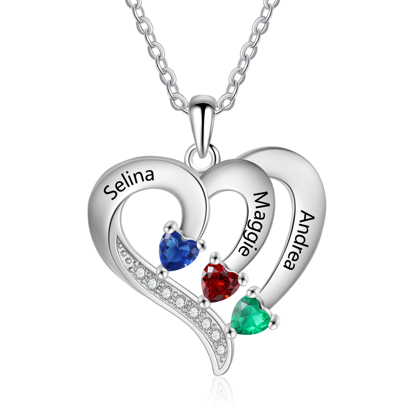 Collier personnalisé en argent S925 avec 3 pierres de naissance et prénoms gravés – Cadeau sentimental pour femme | Jessemade