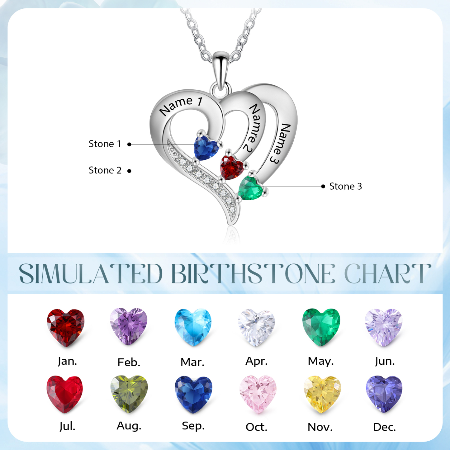 Collier Coeur en Argent S925 Personnalisé avec 3 Prénoms et Pierres de Naissance Collier Argent pour Femme|Jessemade