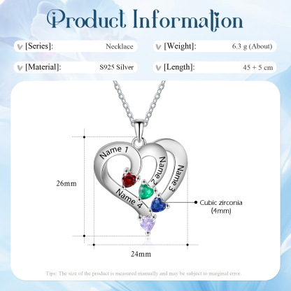 Collier Coeur en Argent S925 Personnalisé avec 4 Prénoms et Pierres de Naissance Collier Argent pour Femme｜Jessemade