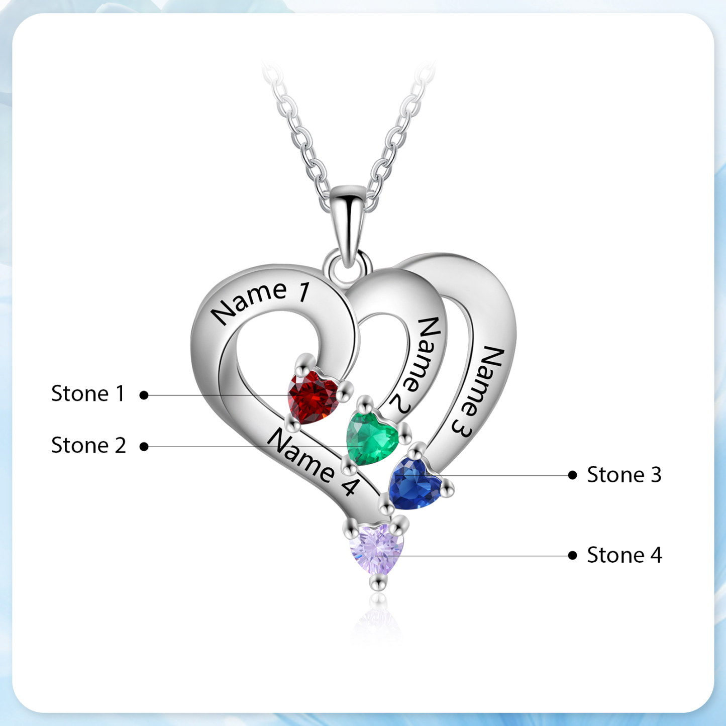 Collier Coeur en Argent S925 Personnalisé avec 4 Prénoms et Pierres de Naissance Collier Argent pour Femme|Jessemade