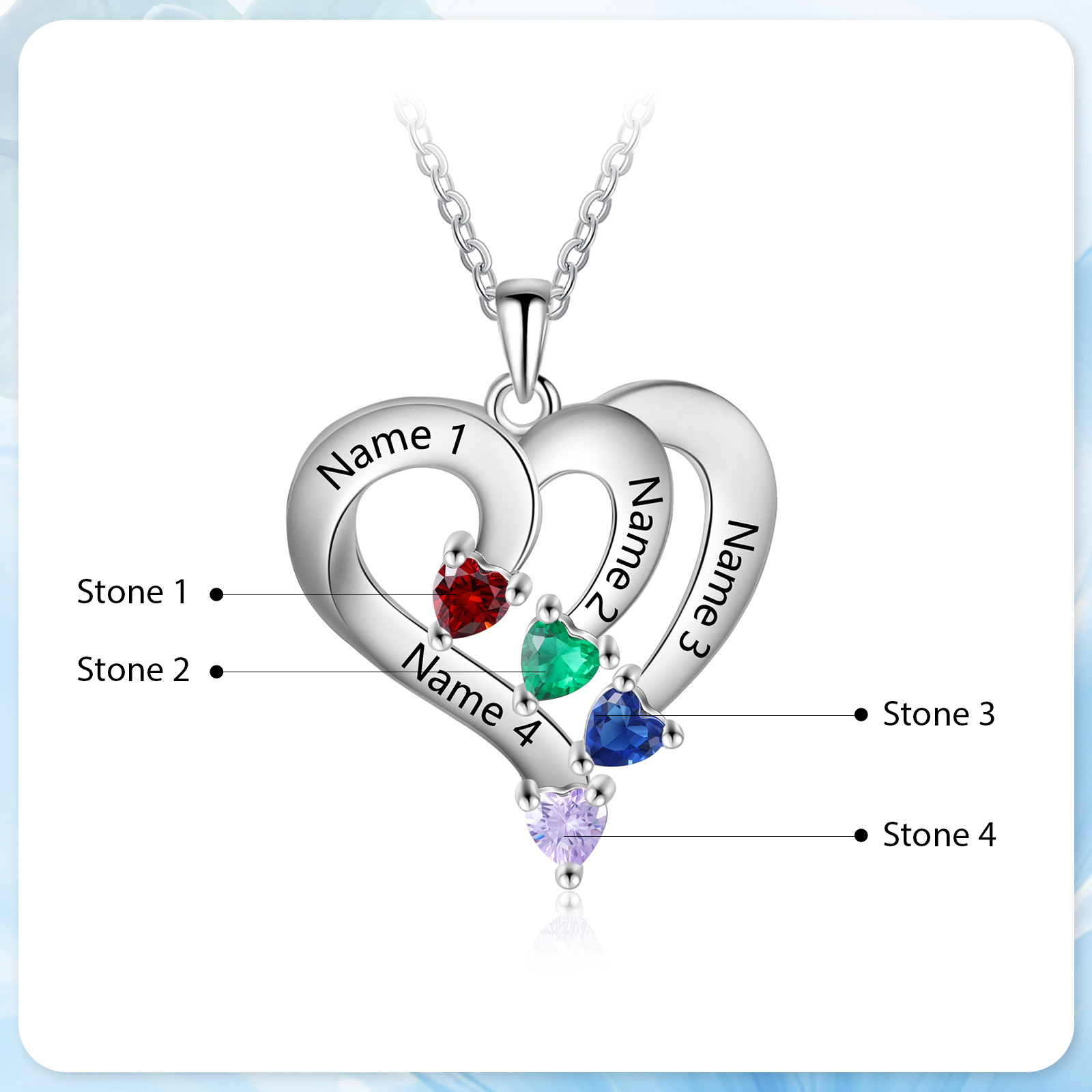 Collier Coeur en Argent S925 Personnalisé avec 4 Prénoms et Pierres de Naissance Collier Argent pour Femme|Jessemade