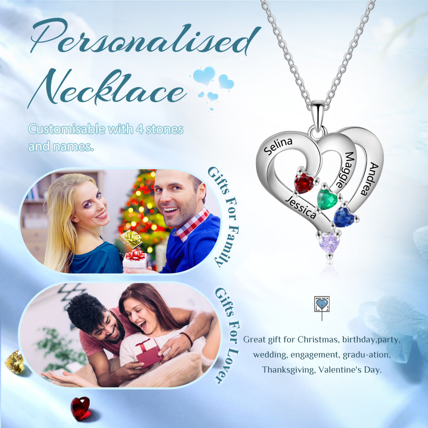 Collier Coeur en Argent S925 Personnalisé avec 4 Prénoms et Pierres de Naissance Collier Argent pour Femme|Jessemade