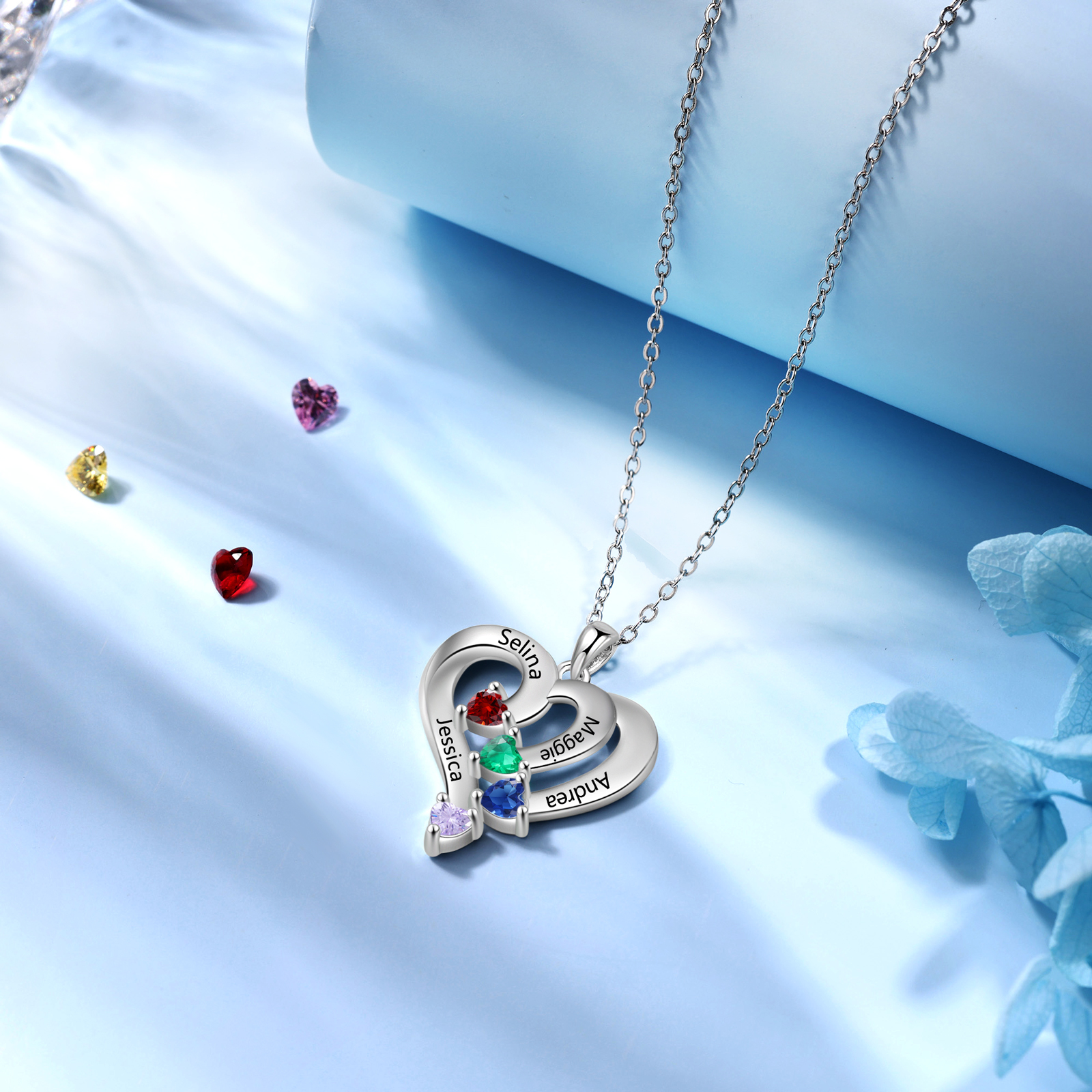 Collier Coeur en Argent S925 Personnalisé avec 4 Prénoms et Pierres de Naissance Collier Argent pour Femme|Jessemade