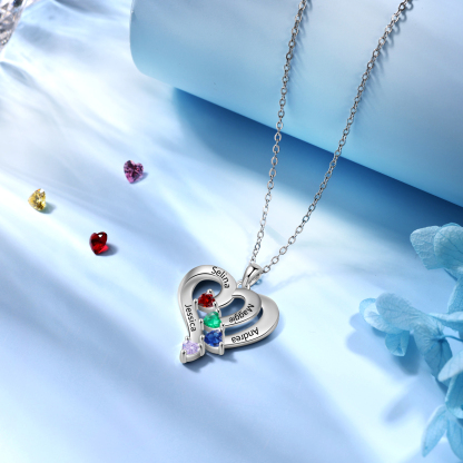 Collier Coeur en Argent S925 Personnalisé avec 4 Prénoms et Pierres de Naissance Collier Argent pour Femme｜Jessemade